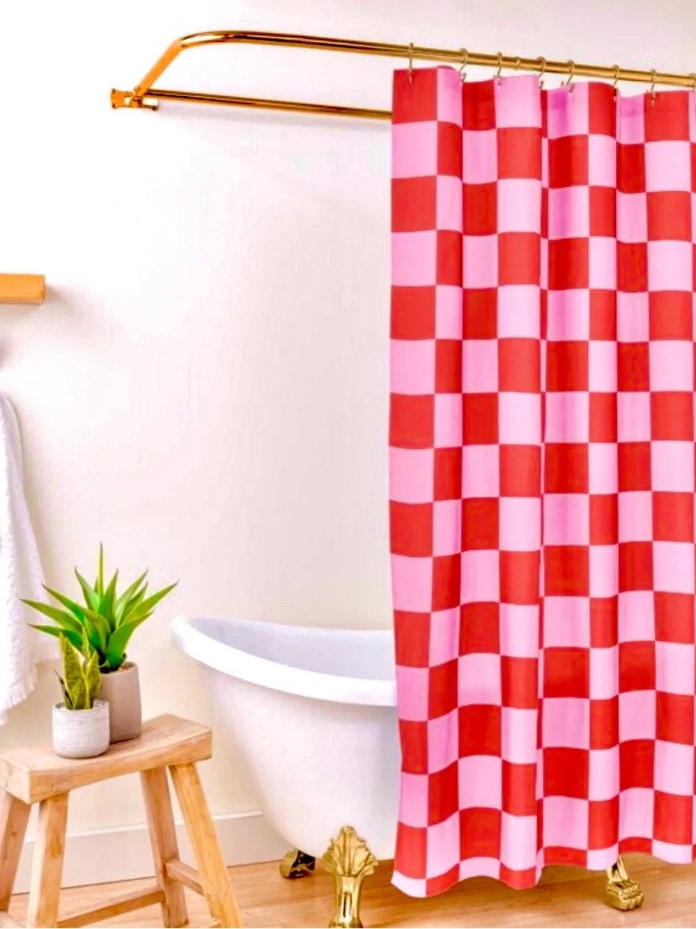 Elle Decor Femme Modern Vintage Pink & Red Checkered Bathroom Shower Curtain